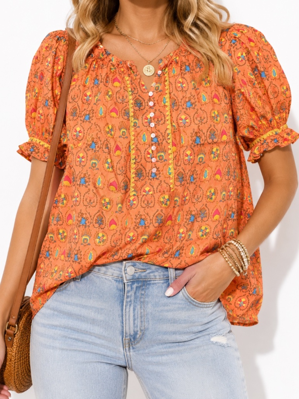 Ivy Jane Orange Boho Printed Blouse S/M - Picture 2 of 7